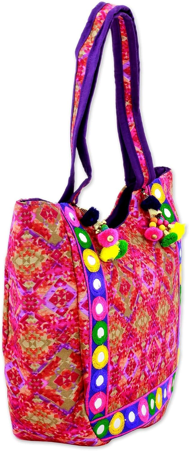 NOVICA Artisan Handmade Embroidered Tote Handbag with Kaleidoscope Motifs from India Handbags Multicolor Printed Bollywood ' Pink Kaleidoscope'