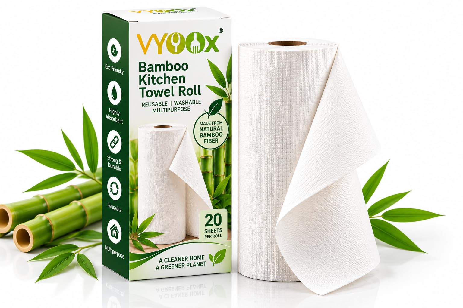 vyoox reusable bamboo kitchen towel roll | 2000 times washable & highly absorbent | multipurpose bamboo cleaning wipes | alternative to kitchen tissue, dishcloth & paper towels | 20 sheets