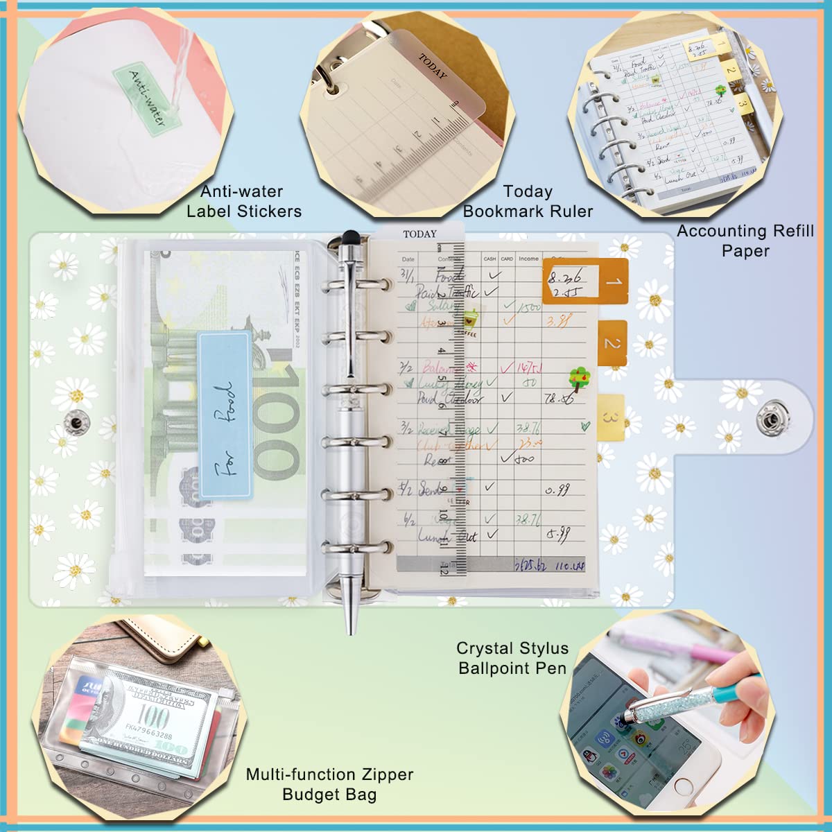 Segregator A7 14 x 10 cm, planer dzienny, przezroczysty z notesem Daisy Binder, z kieszeniami x 8, linijka PCW x 1, wkład do rachunkowości x 45, pisak x 1, naklejka z etykietą x2, Harphia NPNB-139NA7
