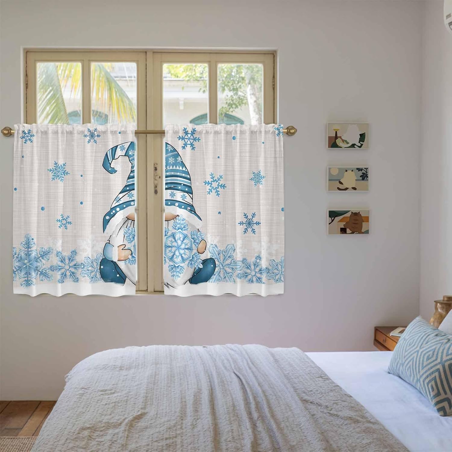 Blue Gnomes Christmas Kitchen Curtains 45 Inch Long 2 Panel Set, Rod Pocket Window Treatment, Blue Xmas Snowflake Winter Rustic Light Filtering Short Curtains & Drapes for Bathroom Laundry 52"W x 45"L