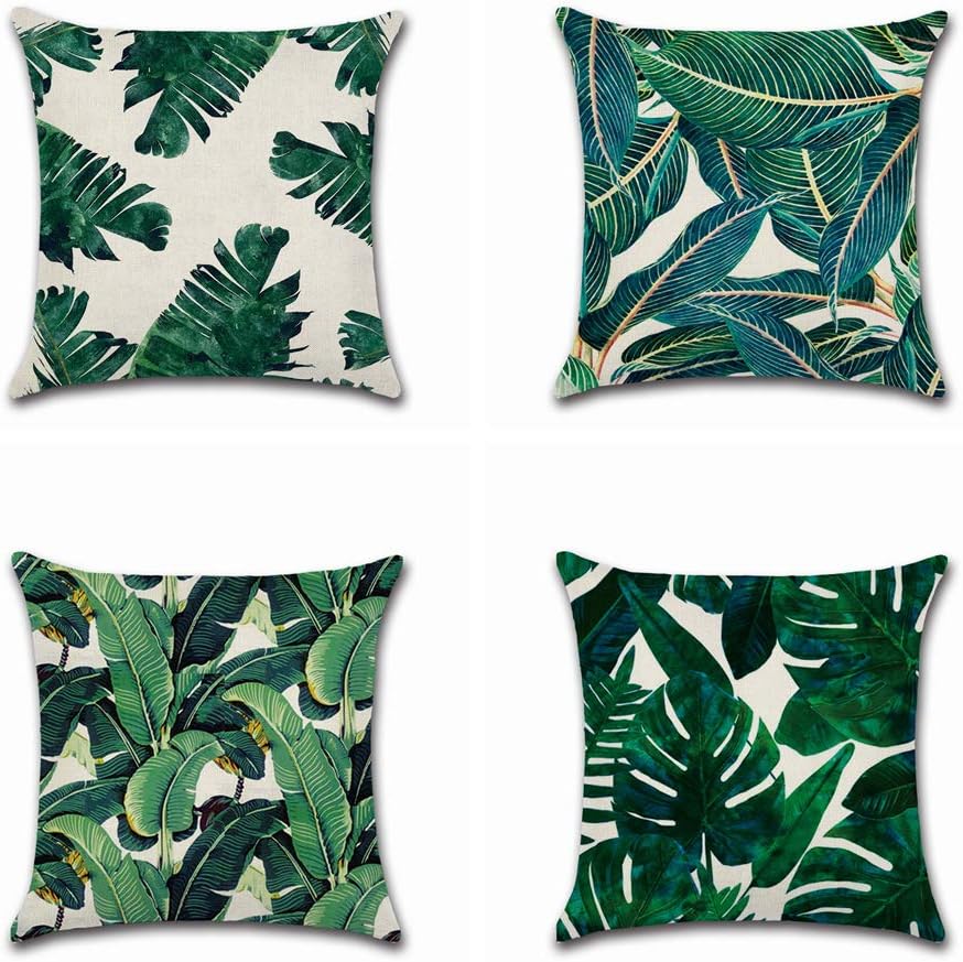 BoomTeckThrow Pillowcase Cushion Covers 45cm x 45cm, 4 Pcs Decorative Pillow Cover Cotton Linen Vintage Pillow Cases Living Room Sofa Home Decor Square Pillow Covers 18x18 Inch Tropical Green Leaves