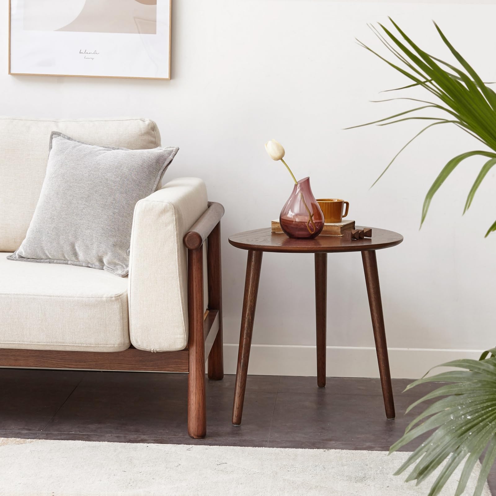 Vadisun Small Oval Coffee Table, 25.6'' Small Mid Century Modern End Table for Living Room, 100% Solid Oak Wood Side Table, Minimalist Display Center