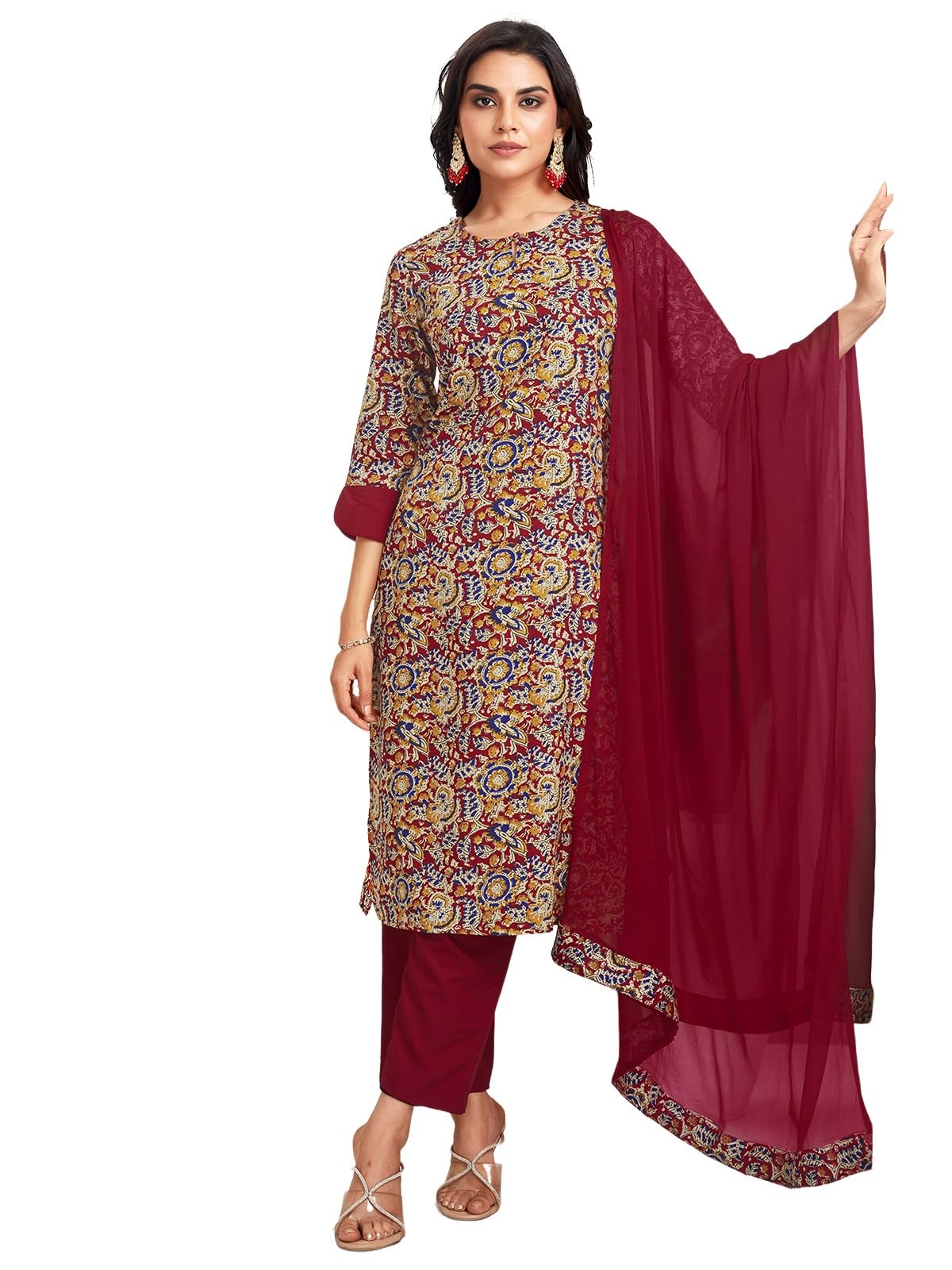 Sanisa Women's Crepe Printed Straight Kurta With Pant And Dupatta Set (175Kbd1871N-M_Red & Blue And Multi)