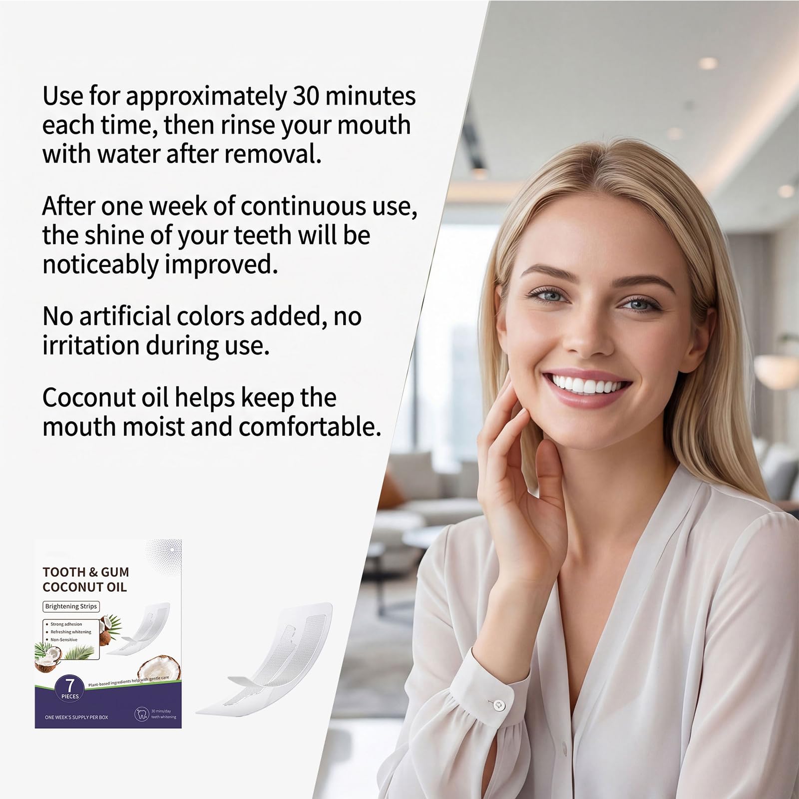Strisce sbiancanti per denti all'olio di cocco con menta piperita, formula delicata sensibile per la rimozione delle macchie, sbiancante per macchie di fumo di caffè, tè e vino, strisce (10pcs)