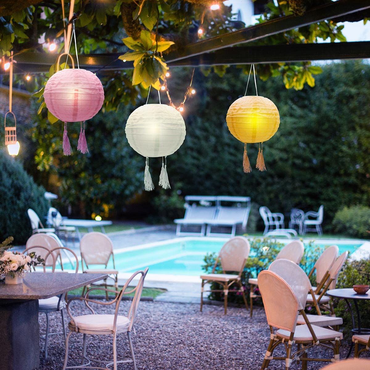 LUMI JARDIN Chiński lampion solarny 3 kolory różowy, kremowy i pomarańczowy LED ciepła biel SHANGRI LA 20 cm
