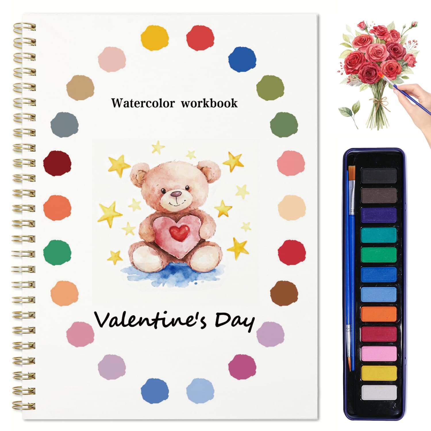 Watercolor Workbook, Water Coloring Book, 12 Different Patterns of Original DIY Designs, 12 Colors Watercolor Paint Set with Palette and Brush, Beginner-Friendly Watercolor Workbooks（Valentine's Day）