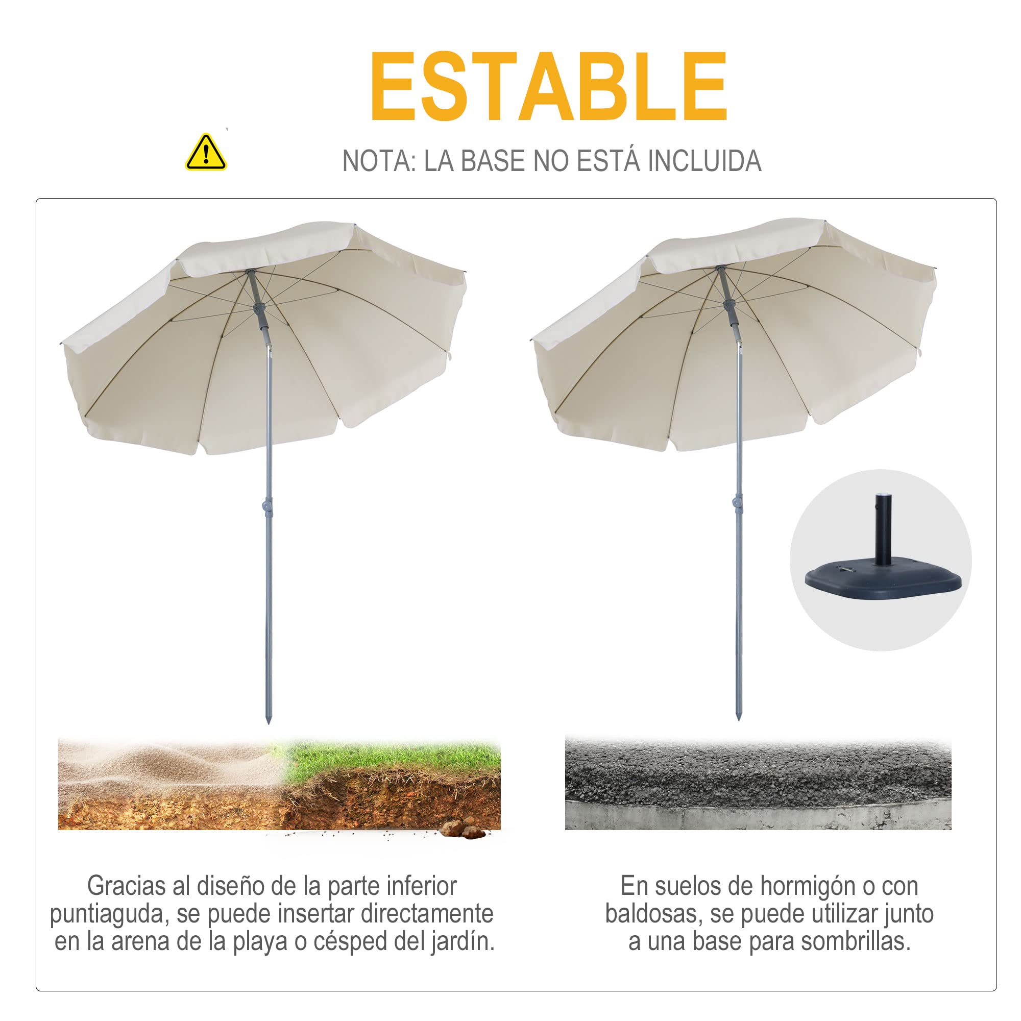 Outsunny Sombrilla de Playa Ø202 cm Techo Inclinable para Jardín Beige | Poste Desmontable, Pincho Inferior