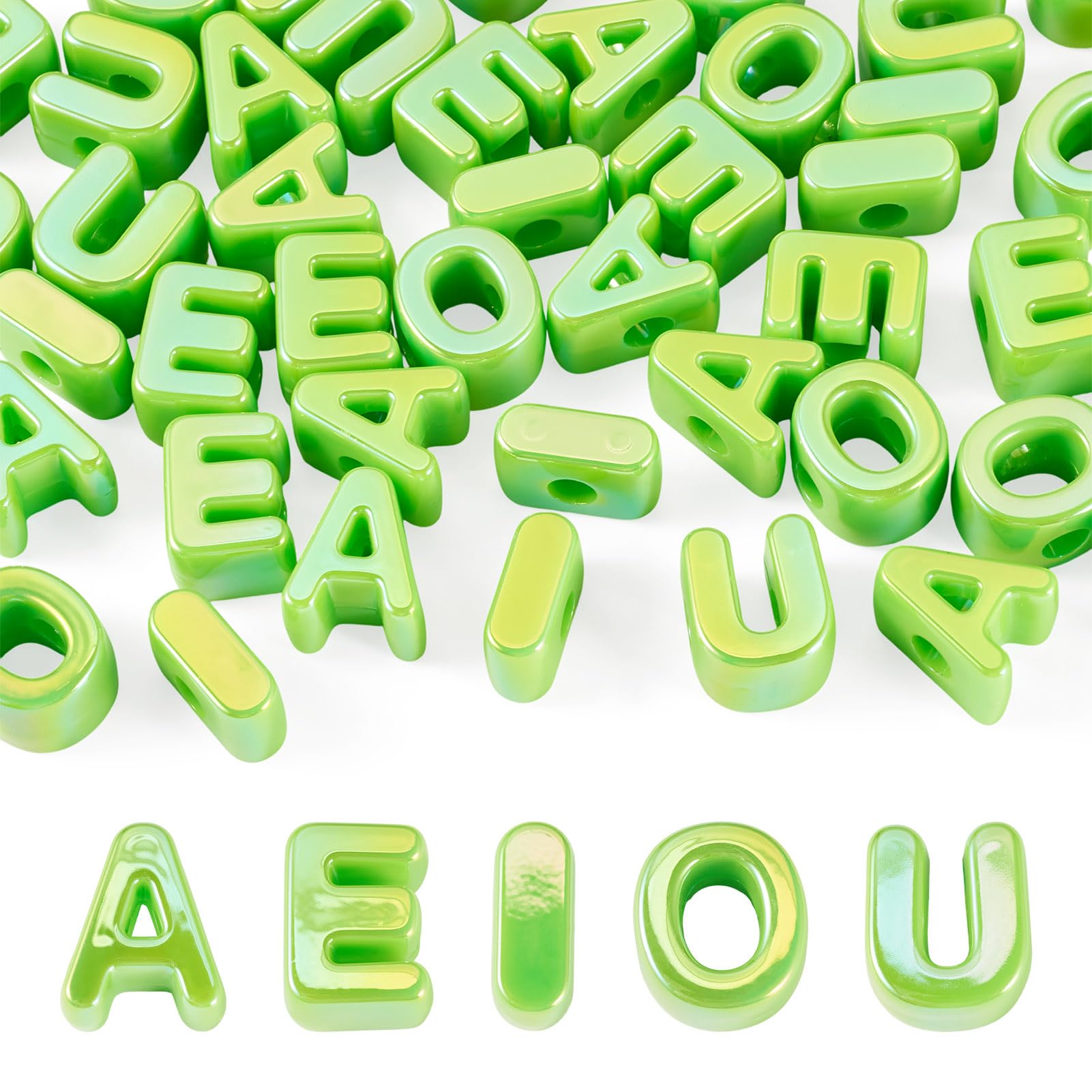 Craftora 50 Pcs Acrylic Letter Beads Vowel Alphabet Beads A/E/I/O/U Initial Capital Bead Green Letters Loose Spacers for Keychain Lanyards Jewellery Making