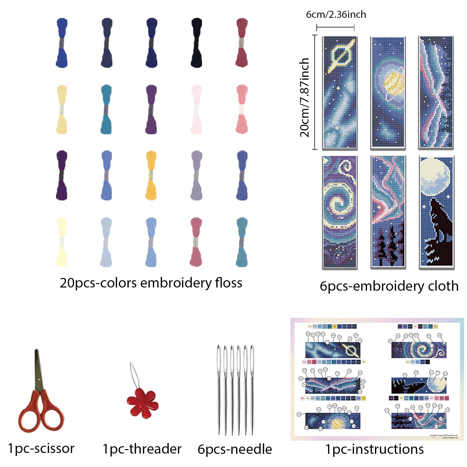 FREEBLOSS Kit De 6 Marque-Pages Au Point De Croix Ciel Étoilé – Broderie Estampée Facile, Motif Livres & Étoiles, Idéal Pour Adultes Et Débutants (8,66 X 3,14 Pouces)