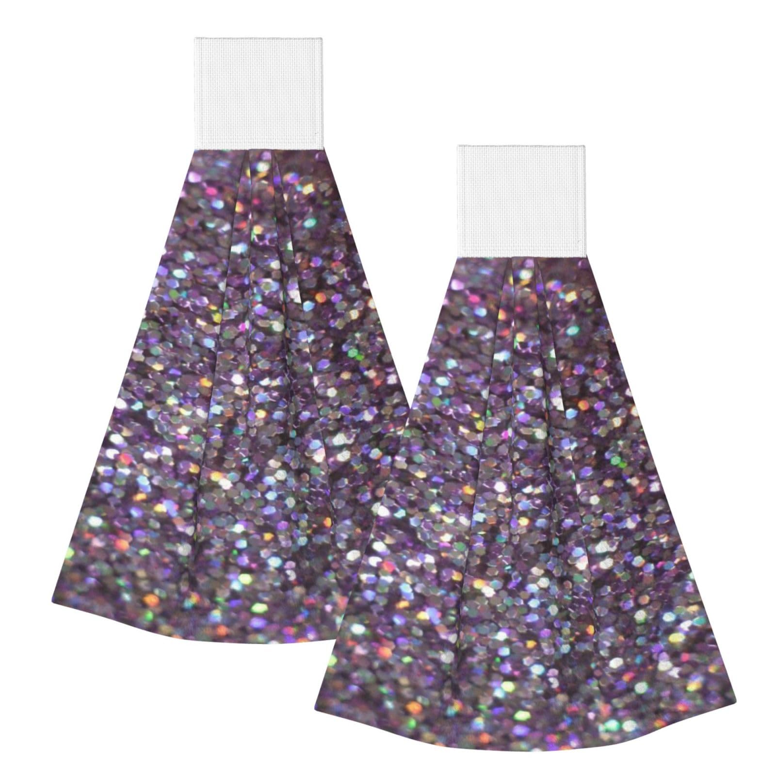 DOPKLNA Glitter Sparkles Shimmer, 2 Pcs Hanging Coral Fiber Hand Towels for Bathroom, Absorbent Kitchen Towels