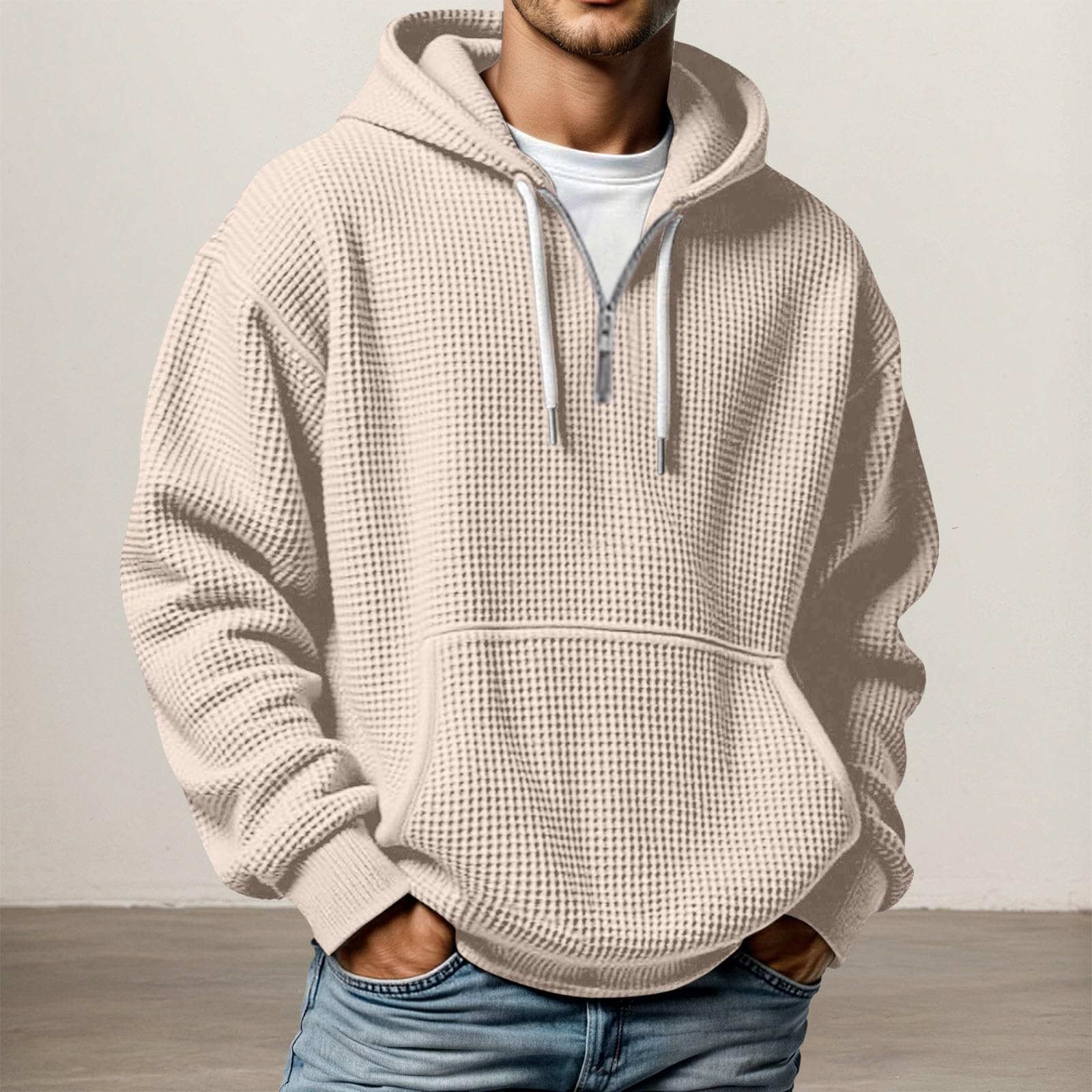 Kapuzenpullover Herren mit Waffelmuster Lässig Lockere Hoodies Taschen Einfarbig Bequem Pullover Alltag Freizeit Sport Kapuzen Sweatshirt Teenager Streetwear