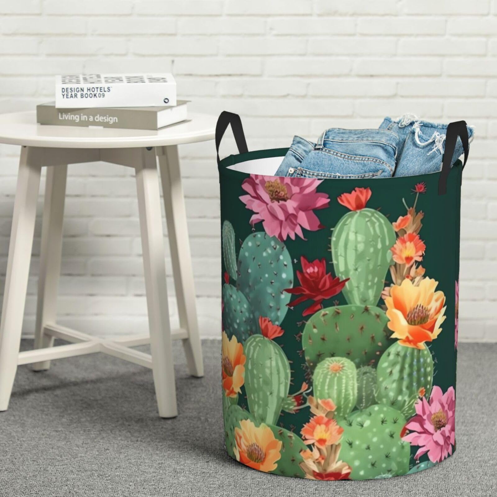 Fodpand Black Cactus Floral Bloom Laundry Basket With Handle, Freestanding Laundry Hamper, Collapsible Dirty Clothes Hamper, Waterproof Fabric Blanket Storage Basket Tall Toy Storage Bin Room Decor Small