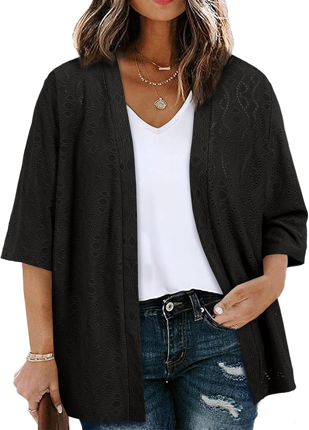Eytino Plus Size Cardigan for Women Half Sleeve Knitted Jacquard Summer Kimono Cover up Tops(1X-5X)