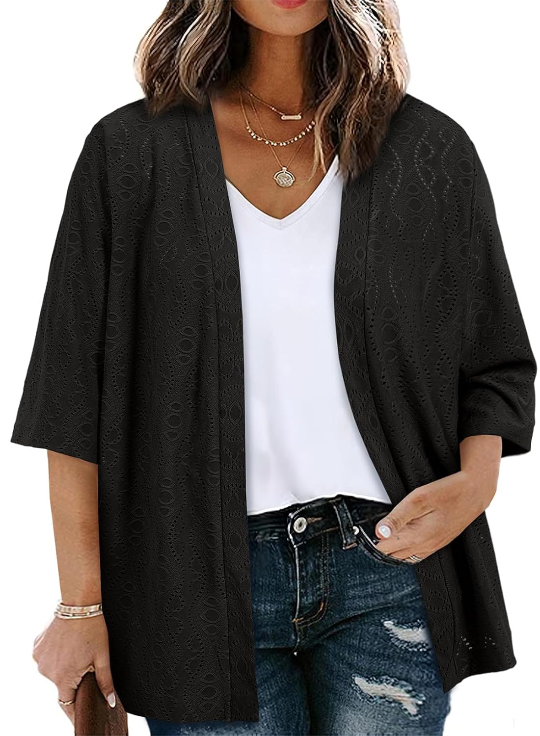 Eytino Plus Size Cardigan for Women Half Sleeve Knitted Jacquard Summer Kimono Cover up Tops 1X-5X