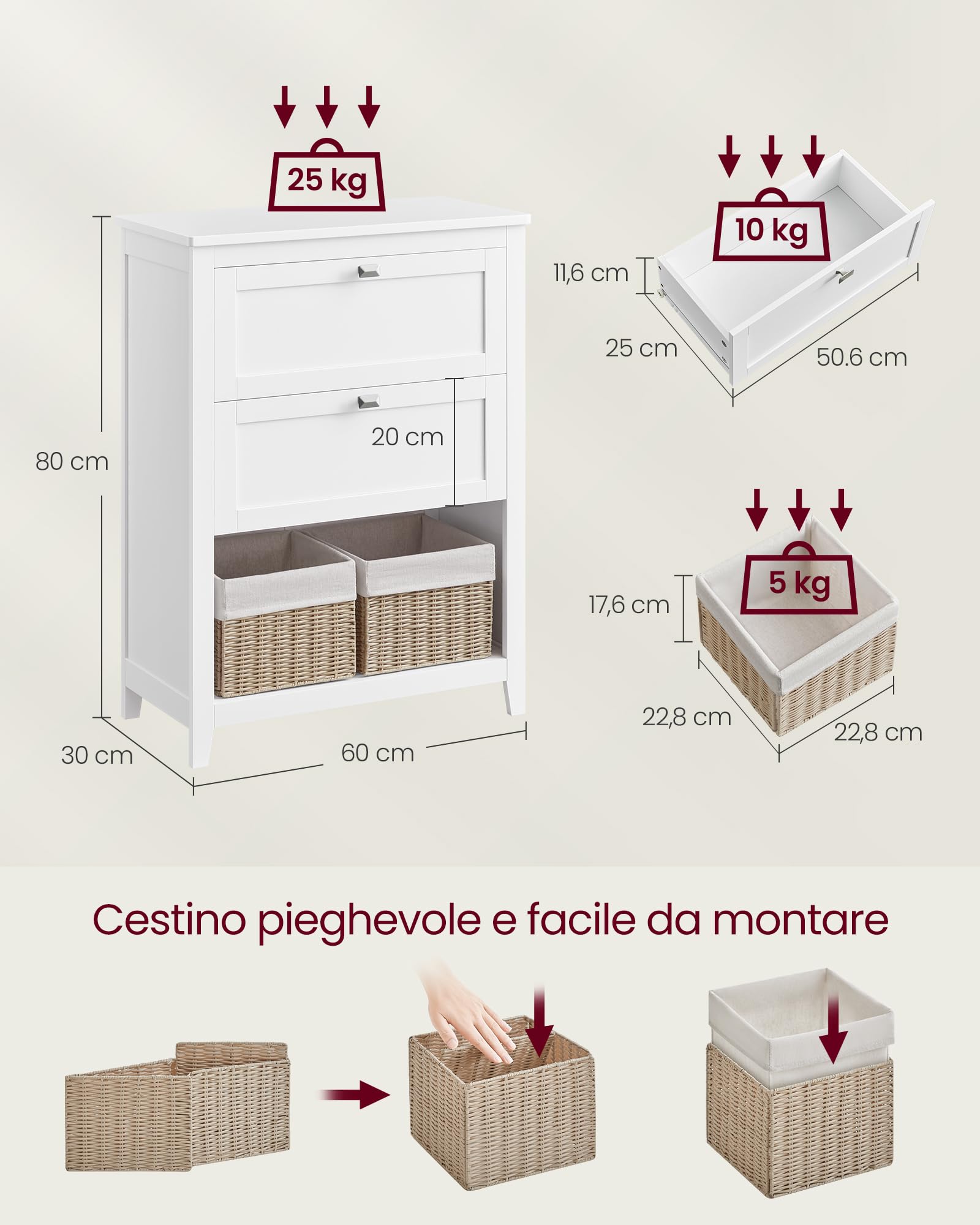VASAGLE Mobile da Bagno, Mobiletto da Bagno, 2 Cassetti con 1 Set di Divisori Regolabili, 2 Cestini, Credenza, 30 x 60 x 80 cm, Bianco Nuvola BBC545W02