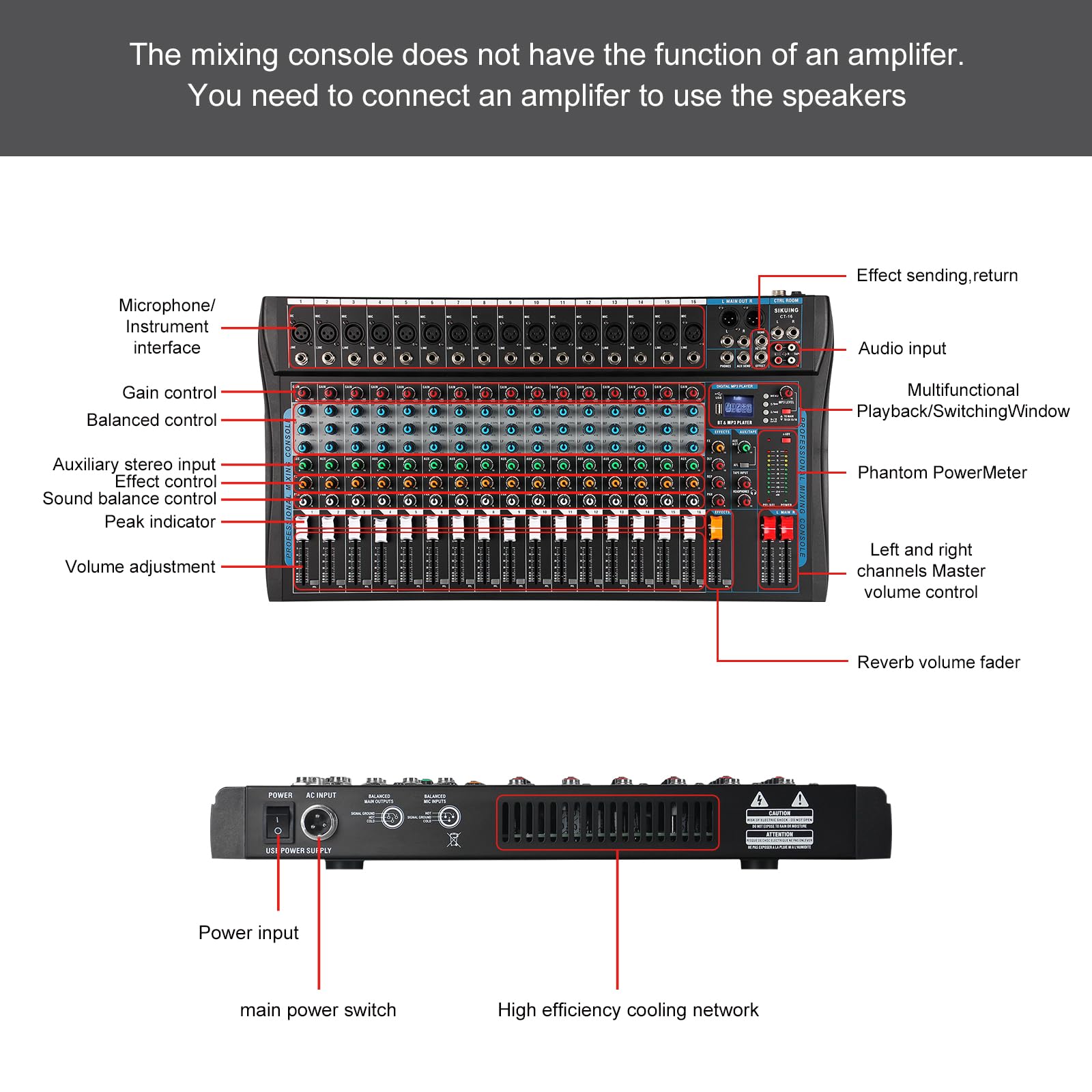 Mixer per scheda audio a 16 canali, mixer per DJ, effetto DSP a 16 bit, mixer audio USB + 48 V Phantom Power Bluetooth Mixer per karaoke Studio Streaming Registrazione, Live Streaming