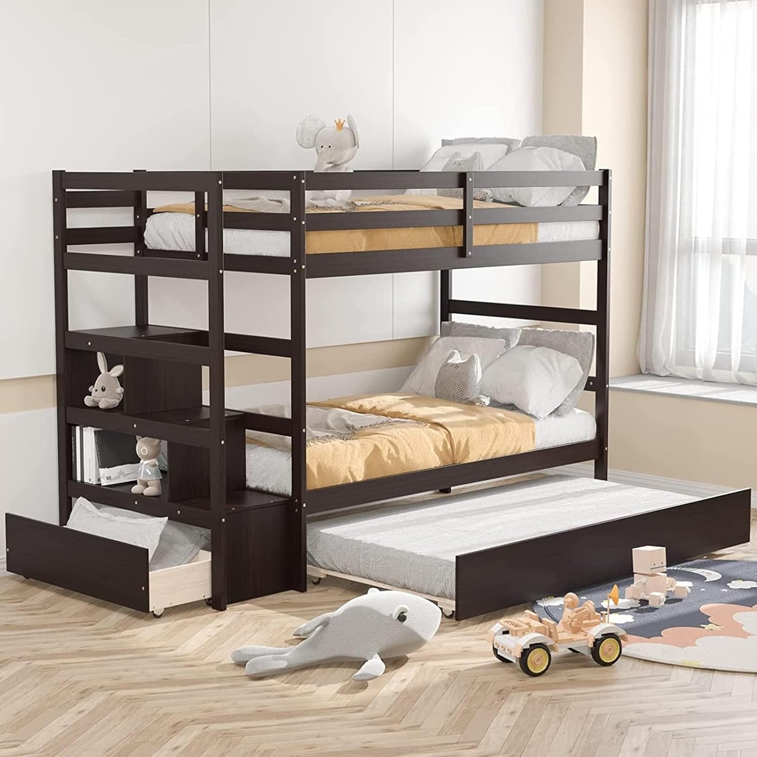 Giantex Twin Over Twin Bunk Bed with Trundle, Solid Wood Bunkbeds with Guard Rail and Storage Stairs, Twin Bunk Bed Frame, Suitable for Kids, Teens, No Box Spring Needed (Espresso)