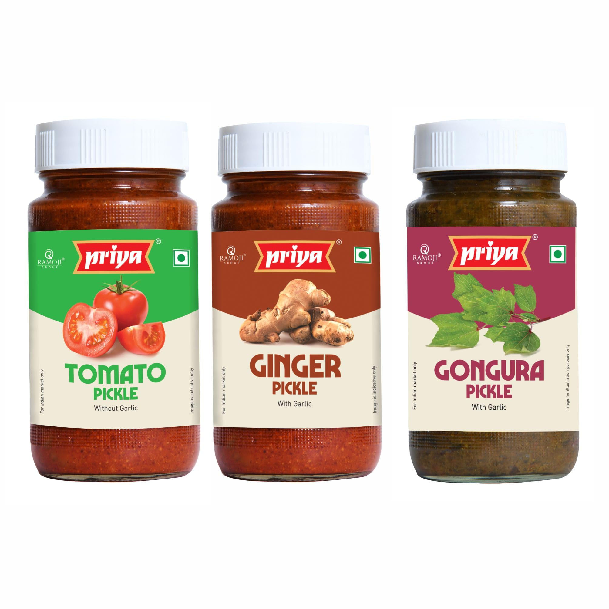 Priya Pickles Combo of 3 Pickle With Garlic Total 900gm (Each-300g) I Tomato,Ginger, Gongura I Authentic Telugu Style Achar | Traditional South Indian Taste | Homemade
