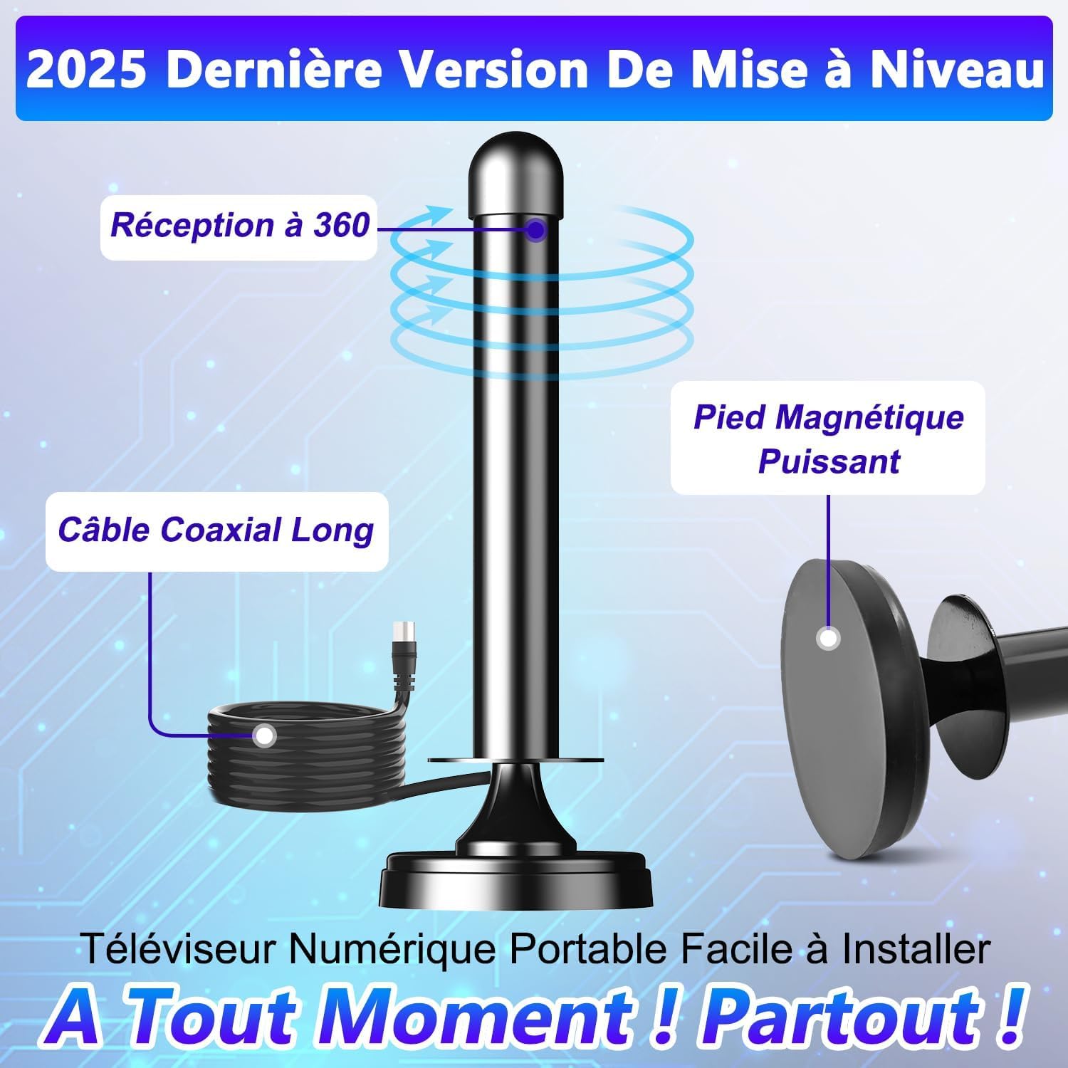 Antenna TV interna potente TNT HD, 2025 più recente Antenna TV interna con amplificatore di segnale ad alto guadagno, ricezione a lungo raggio a 360° con solida base magnetica per,Antenne TNT