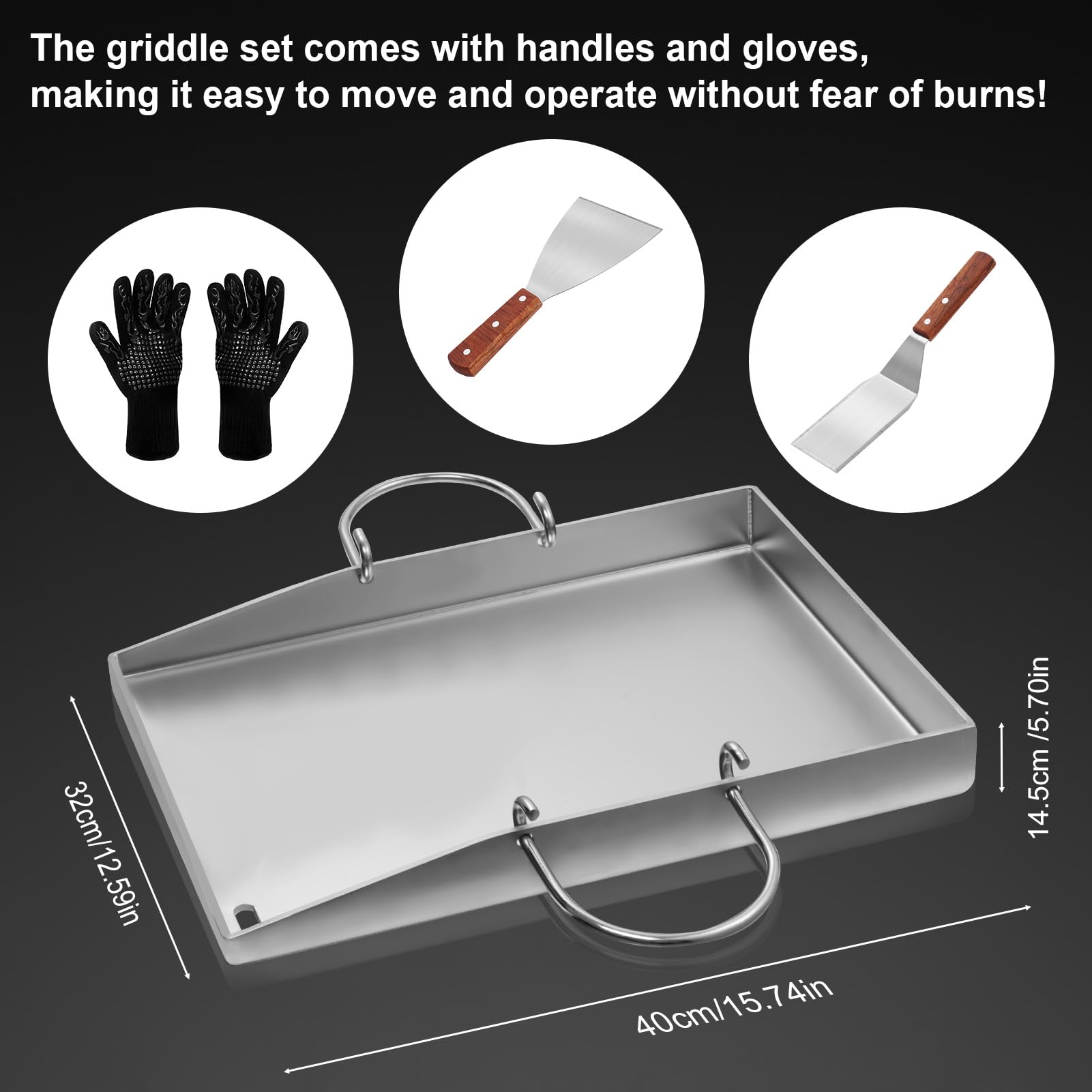 40x30cm Plancha Grillplatte Set, 2 Spachteln + 1 Paar Grillhandschuhe, 4mm Dicke Grillplatte Gasgrill mit Fettablauf, Grillschale Edelstahl für Gas und Holzkohlegrills