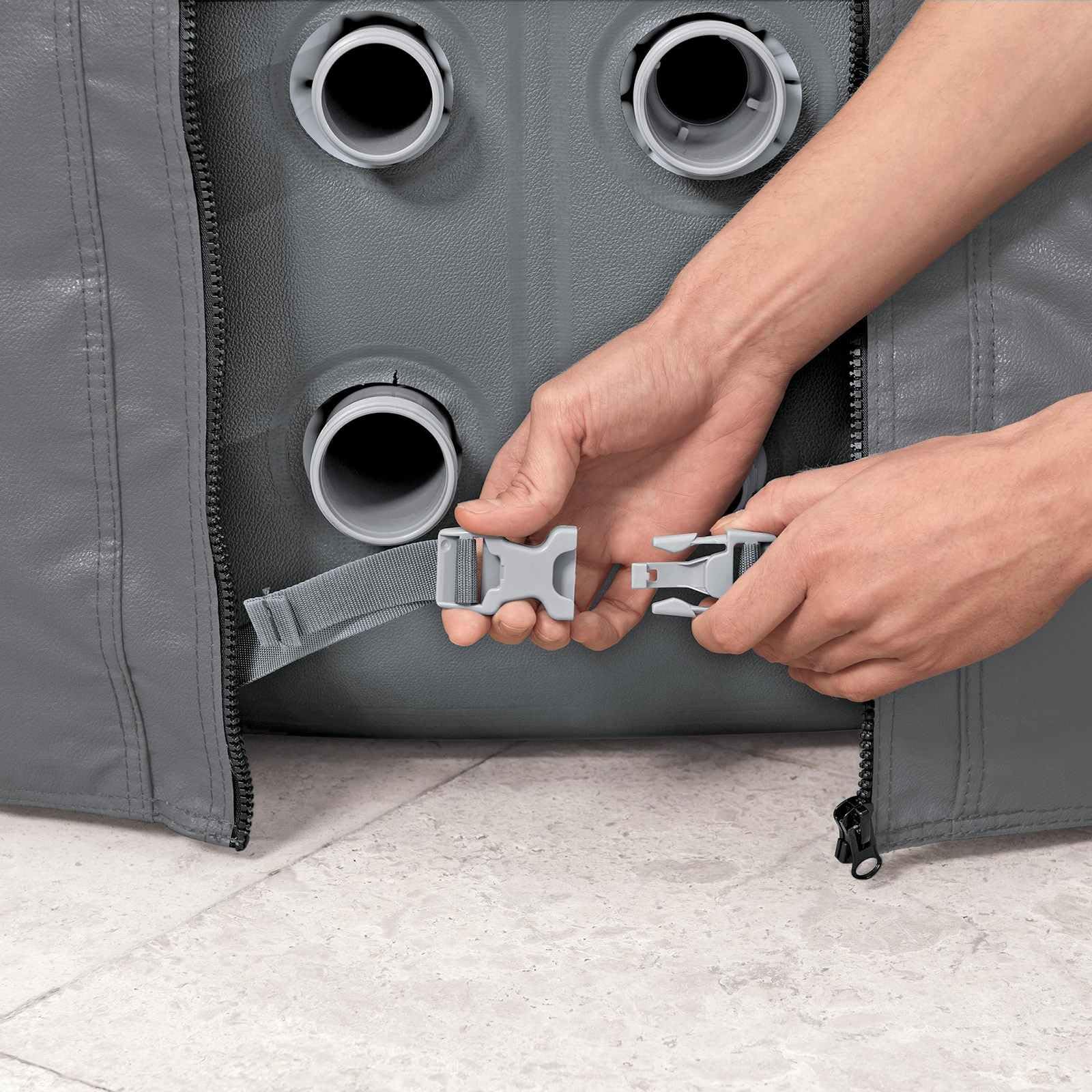 Couverture Piscine Ronde en PVC et Pom Gris Ø216 cm pour Spa, Bassin et Jacuzzi extérieur, résistance aux intempéries, Isolation Thermique, Porte zippée Pratique, Protection Durable