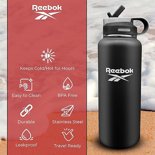 Miniatura 3 de Reebok Botella de agua de acero inoxidable con diseño de popote y estilo de vida, botellas de agua aisladas de 40 onzas, botella de agua deportiva