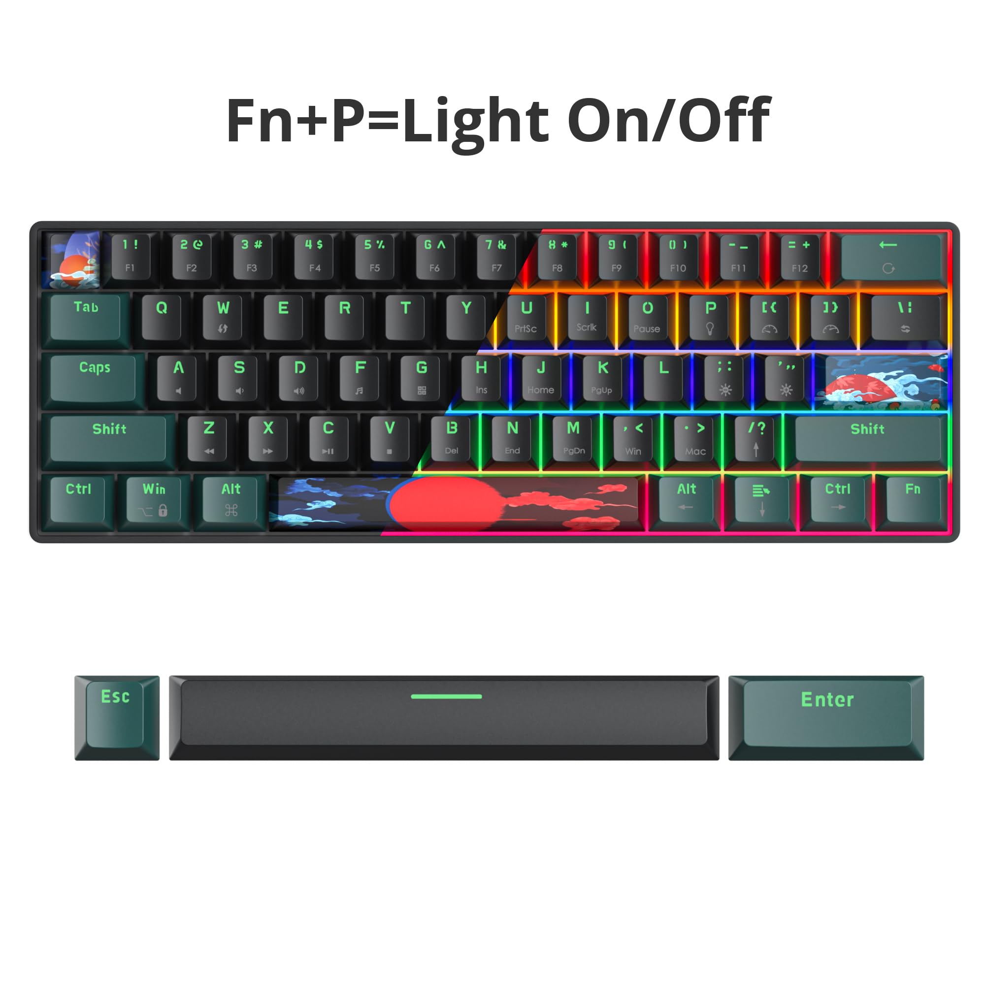 Mini 60% Wired Gaming Tastiera Meccanica per Mac/Win,Onde B | Tastiera completa dell'ufficio di rollover di N-Key con i tasti retroilluminati compatti rossi 61 del commutatore