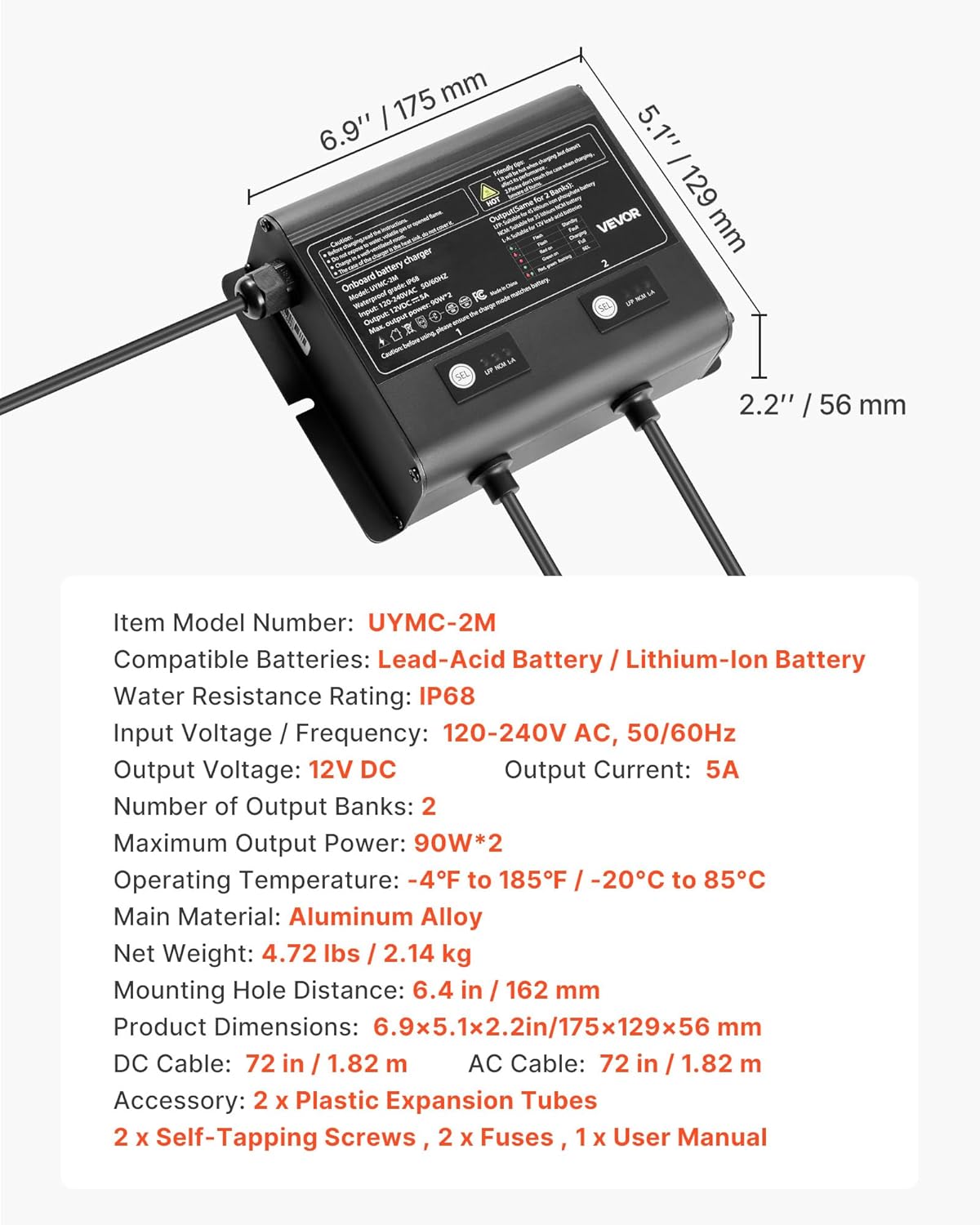 VEVOR 2 Bank Marine Battery Charger, 5A × 2, 12V Onboard Charger, IP68 Waterproof Smart Boat Battery Charger, for Lithium-Ion LiFePO4, NCM, Lead-Acid Batteries, Large Boat, Yacht, RV, Trailer