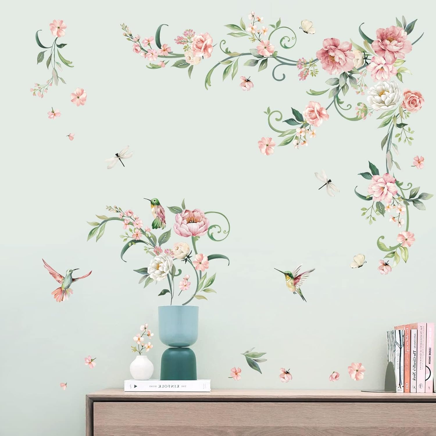 decalmile Peony Flower Wall Decals Pink Blossom Birds Wall Stickers Living Room Bedroom Girls Bedroom Wall Decor