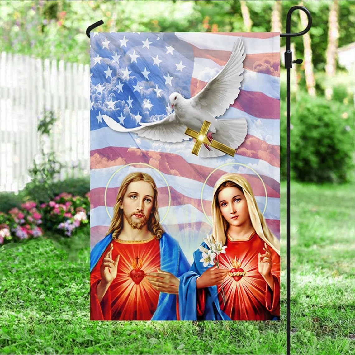 The Sacred Heart Of Jesus And The Immaculate Heart Of Mary Garden Flag 12.5x18 Inches Polyester Double Sided Print Christian Patriotic Independence Day 4th Of July Flag Yard Outdoor Decoration For Home