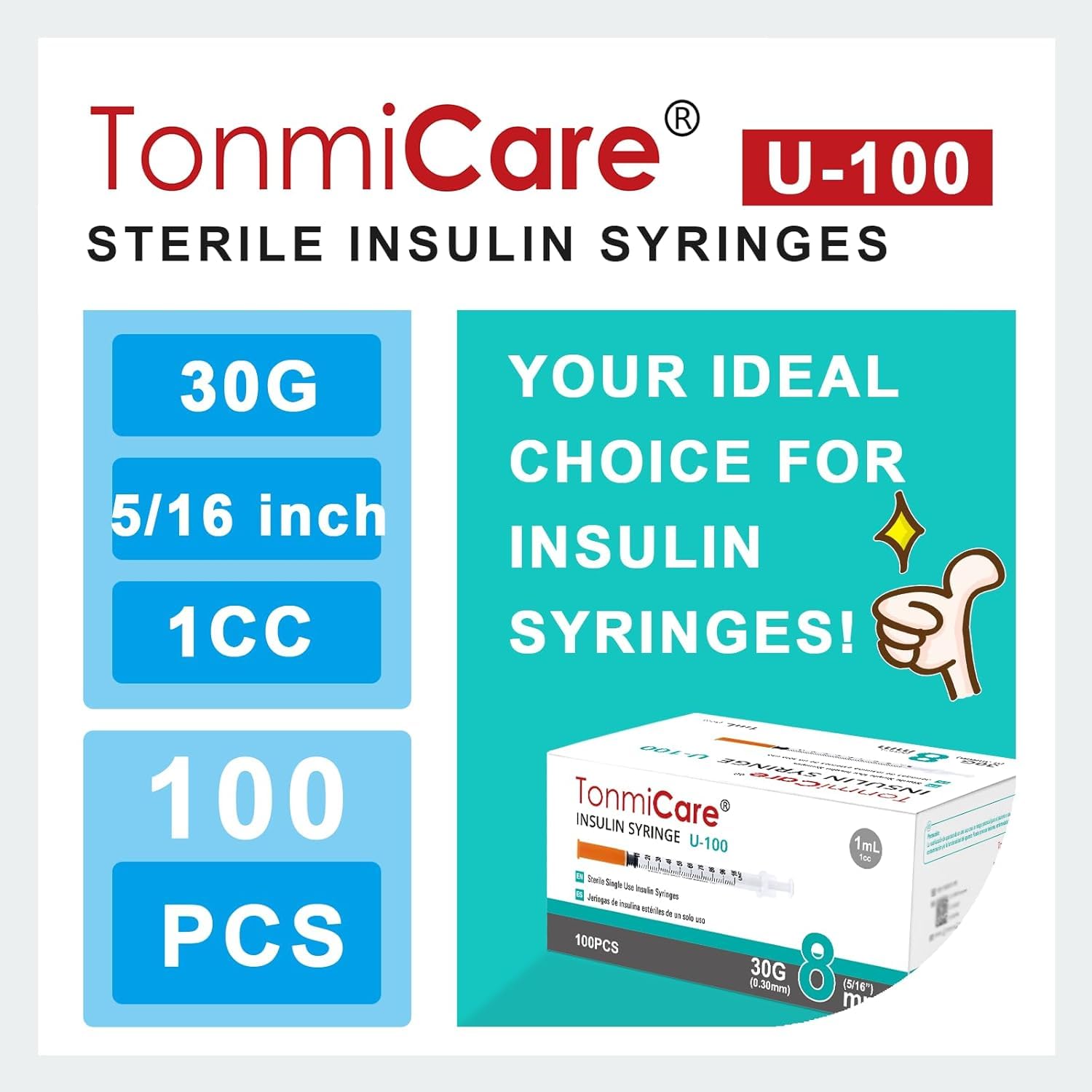 1ml/cc Disposable Syringe with 30G 5/16" (8mm) Needle, Lab Supplies,Individual Wrapped, Pack of 100 (30G 5/16"(8mm)) — Amazon image 2