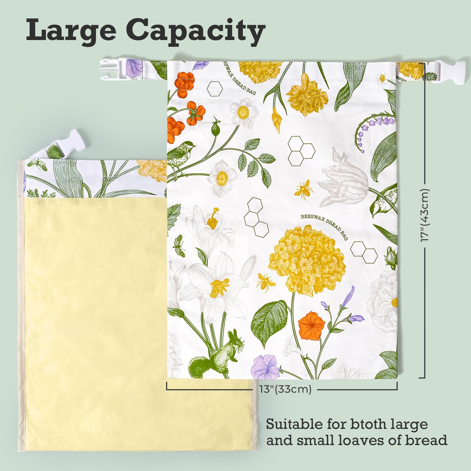 Paquete de 2 bolsas grandes de cera de abeja para masa madre y pan casero, bolsas de almacenamiento de alimentos de algodón reutilizables para mantener fresco, bolsas de congelador