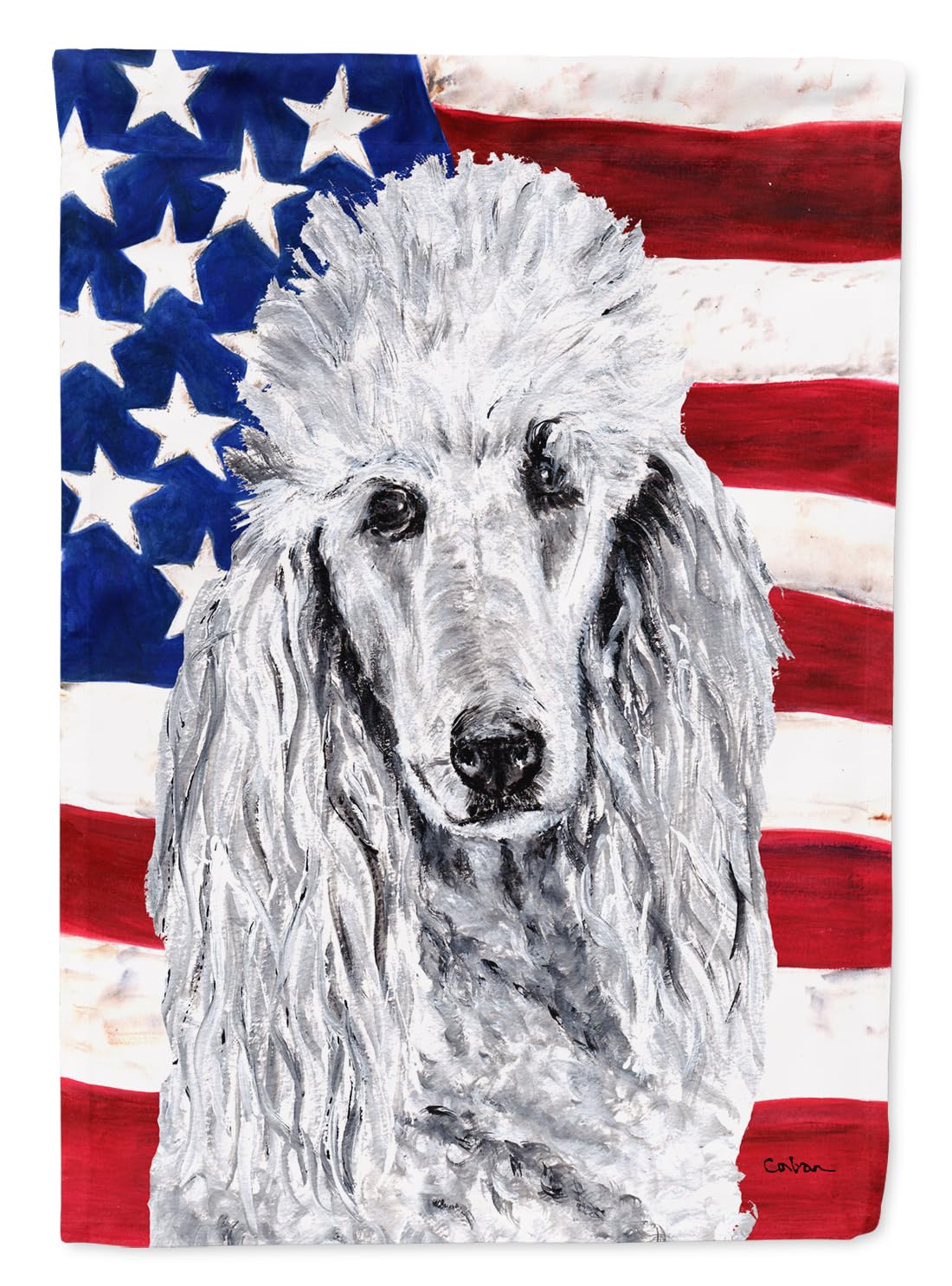 Caniche blanc drapeau américain pour décoration de jardin et terrasse de chalet