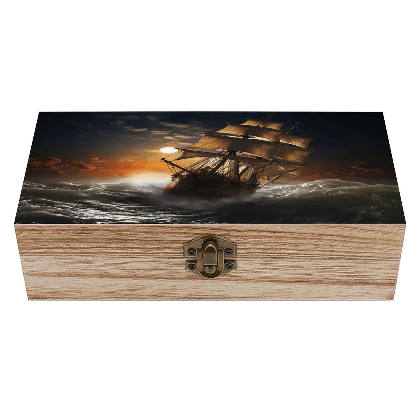 VstaDank Sailing Ship in Storm Wooden Storage Box Wooden Keepsake Box with Hinged Lid Exquisite Solid Wood Decorative Jewelry Case Memory Box for Jewelry Photos Letters Crafts Trinkets