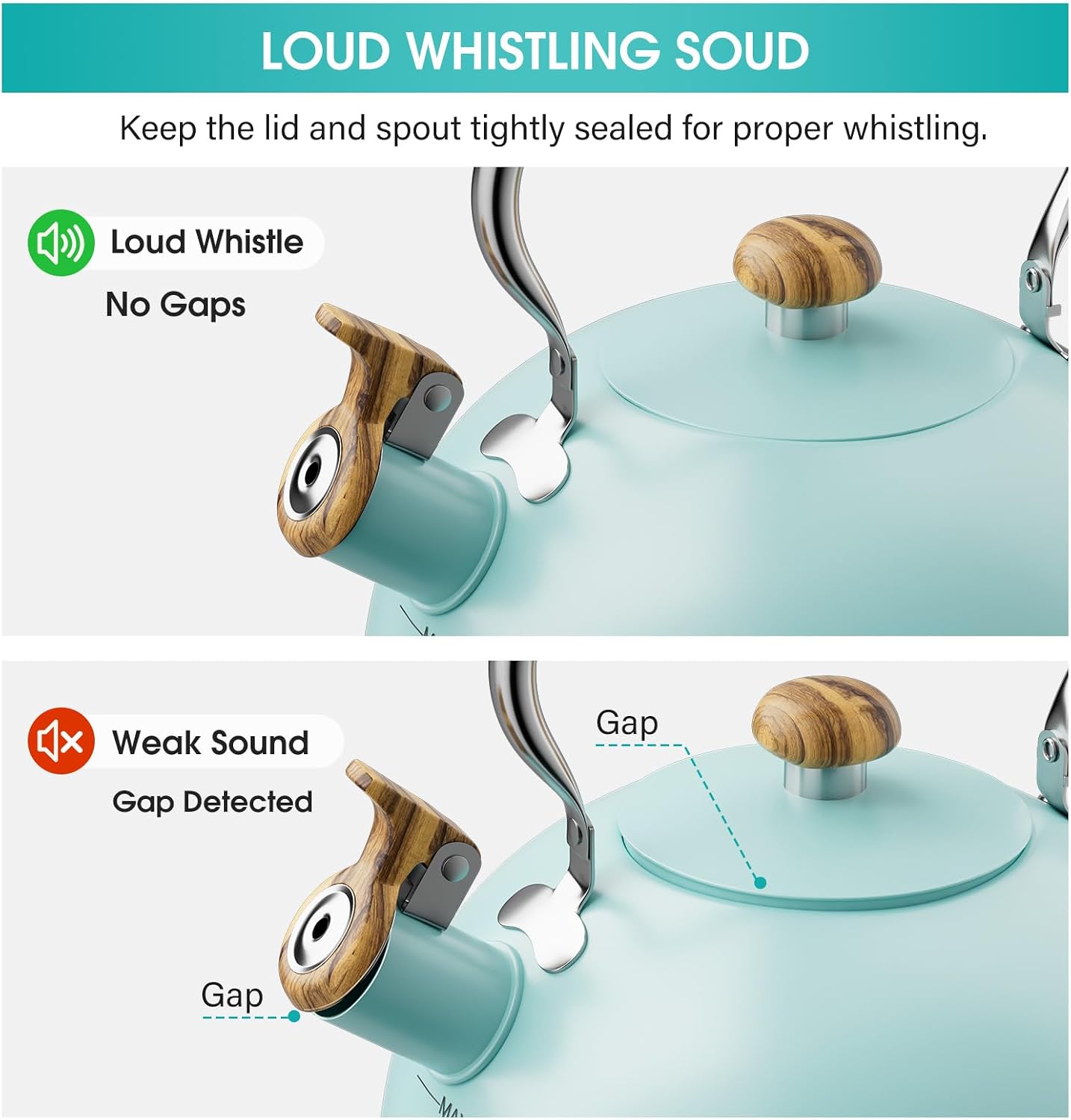 2.6 Quart Tea Kettle Stovetop Whistling for Stove Top, Food Grade Stainless Steel Tea Kettles with Cool Wood Pattern Handle, Blue