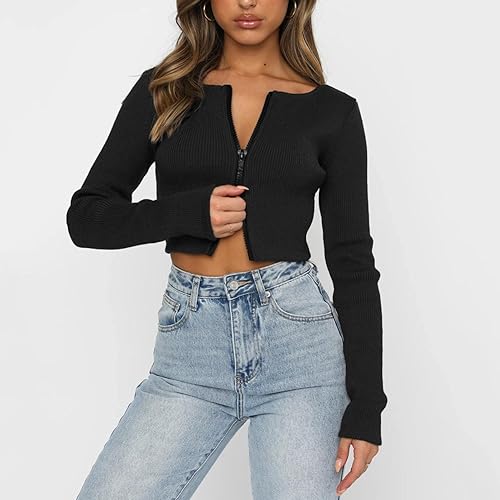 Miniatura 3 de Long Sleeve Crop Tops for Women Boat Neck Slim Full Zip Up Fitted Kintted Plain Fall Tshirts Tee Bottoming Rib Knit Spring