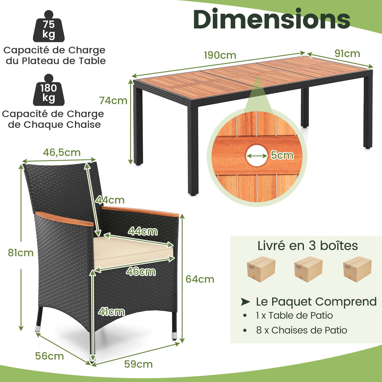 COSTWAY Salon de Jardin en Rotin 9 Pièces pour 8 Personnes Plateau de Table en Acacia, Ensemble de Salle à Manger de Patio avec Coussins Amovibles Trou pour Parasol, Chaise Charge 180KG, Noir+Beige