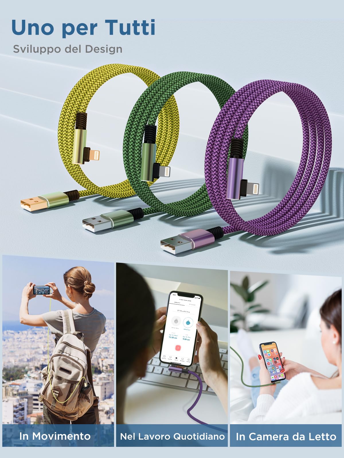 Cavo Lightning USB MFi Nylon 2 Metri 3 Pezzi Carica Rapida Angolo Retto per iPhone 14 13 12 11 Pro Max XS XR X 8 7 6 iPad