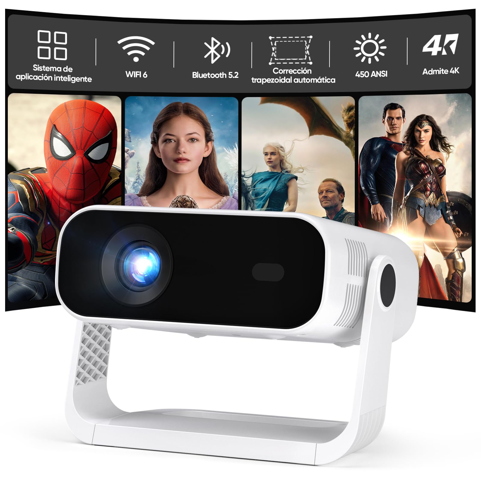 Proyector Inteligente con Aplicaciones integradas, resolución nativa 1080p, Compatible con 4K, 450 ANSI, Enfoque automático electrónico, corrección Trapezoidal automática, WIFI6 y Bluetooth 5.2.
