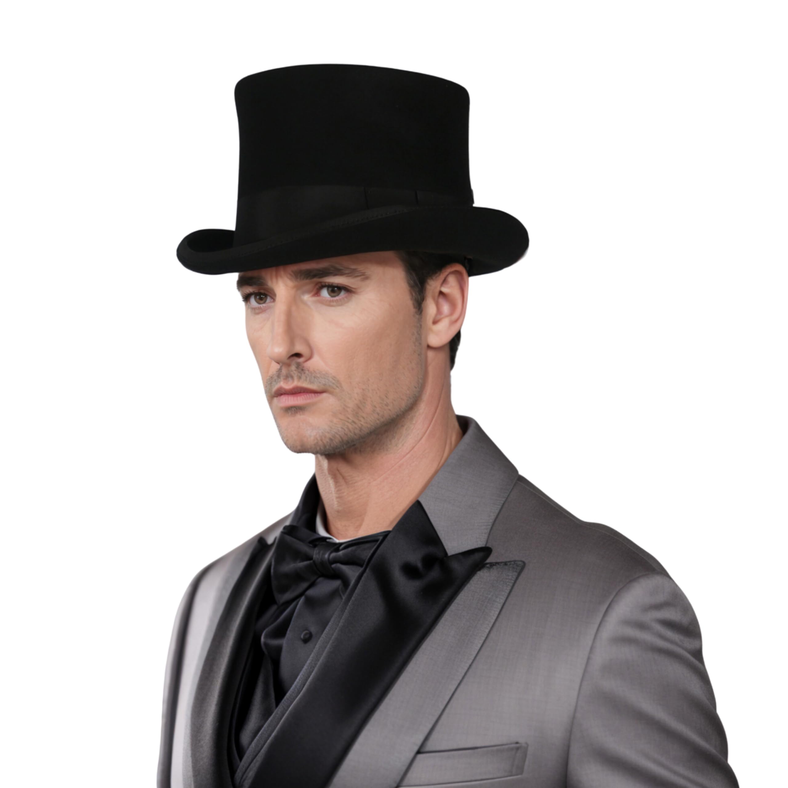 Wool Top Hats for Men and Women - Classic high crown Removeable Feather & Satin lining - Western Style Top Hat for Adventures (US, Alpha, Small, Standard, Mystery Black)