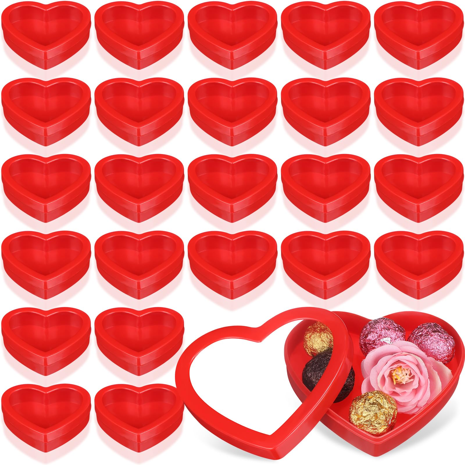 Colingmill 24 Pcs Small Heart Containers Heart Plastic Storage Boxes with Clear Window Lids Valentine's Day Gift Boxes for DIY Presents, Crafts Organizer 4.53 x 3.94 x 1.18 Inches (Red)
