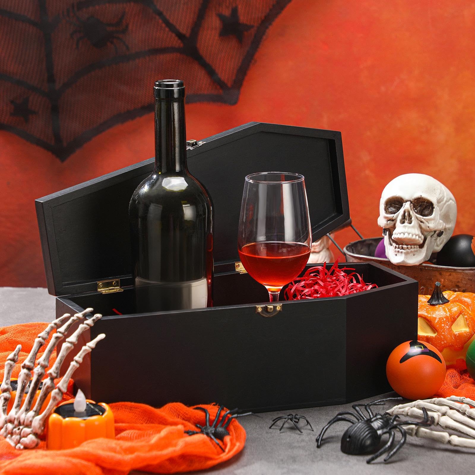 CroBlissful Scatola regalo per Halloween, con carta di rafia rossa, in legno verniciato nero, a forma di bara, con coperchio, per dolcetti o scherzetti, decorazione per feste di Halloween (1 pezzo)