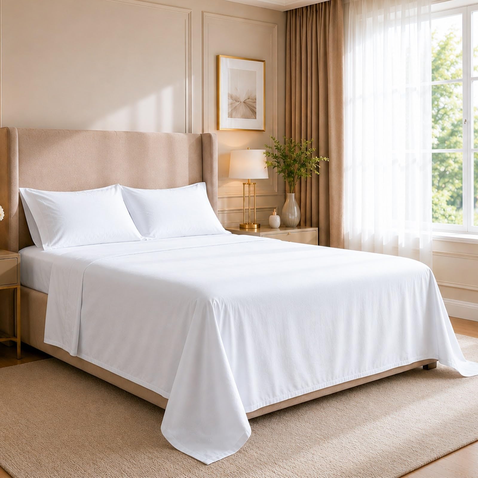 100% Cotton Bed Sheet Set Super King Size, White Solid, 4 Piece Bedding Set with Deep Pocket Fitted Sheet (35 cm), Flat Sheet & 2 Pillowcases (50 x 75 cm), Soft & Breathable