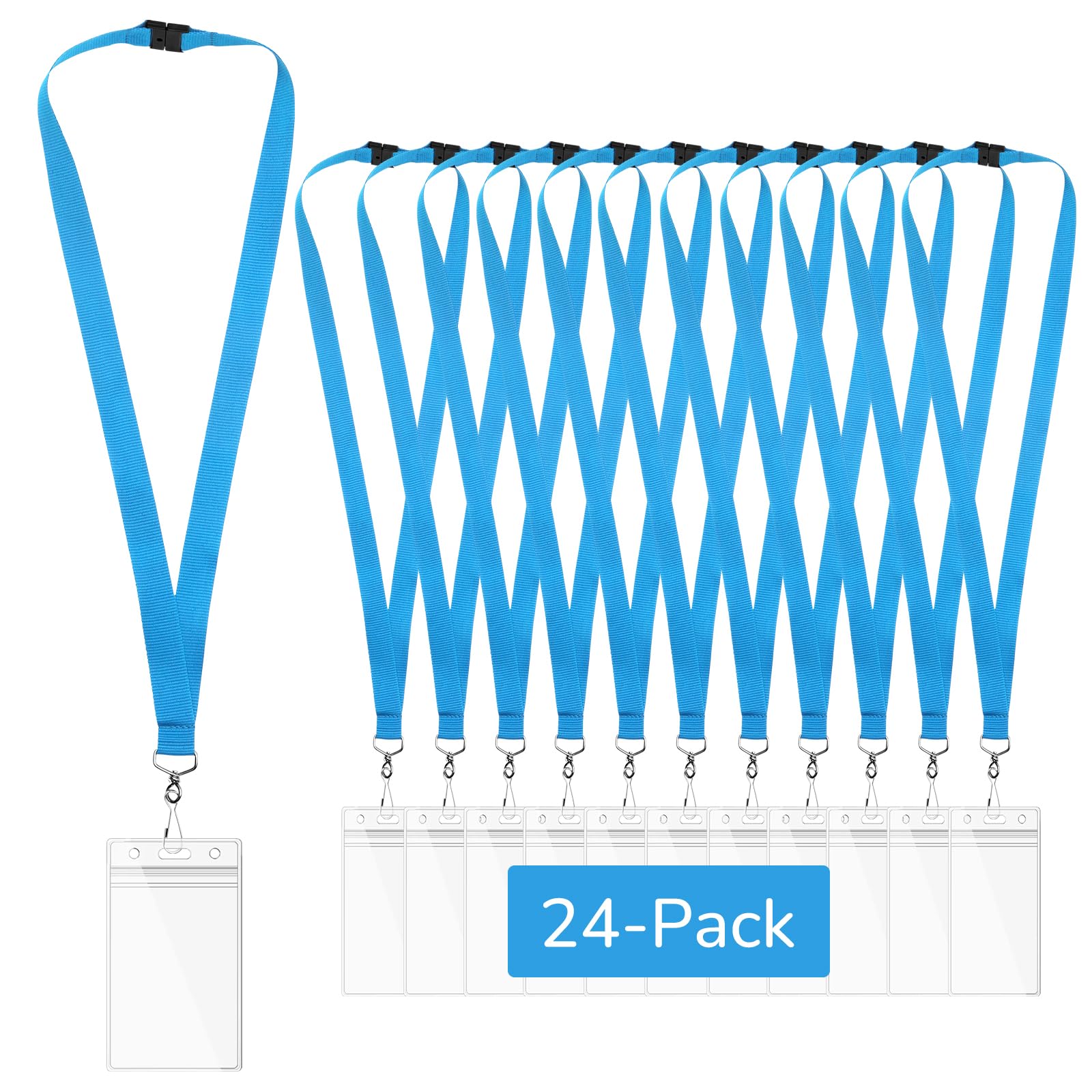 WEZEBEL 24-Pack Sky Blue Breakaway Lanyards with Waterproof Badge Holders, Polyester Neck Straps for ID Cards, Events, Office, and Schools