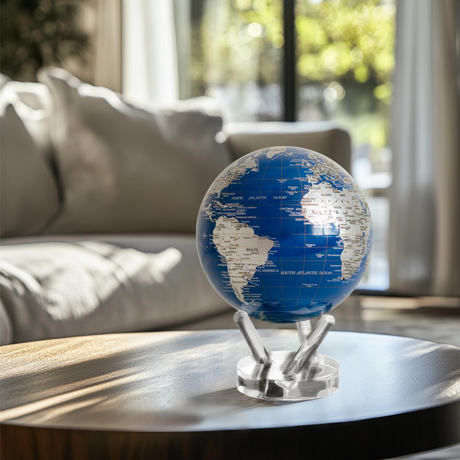 Globe MOVA – Terre Bleu et Argent 11,5 cm | Globe Rotatif avec Lumière pour Bureau, Étude ou Cadeau | Sans Piles ni Câbles