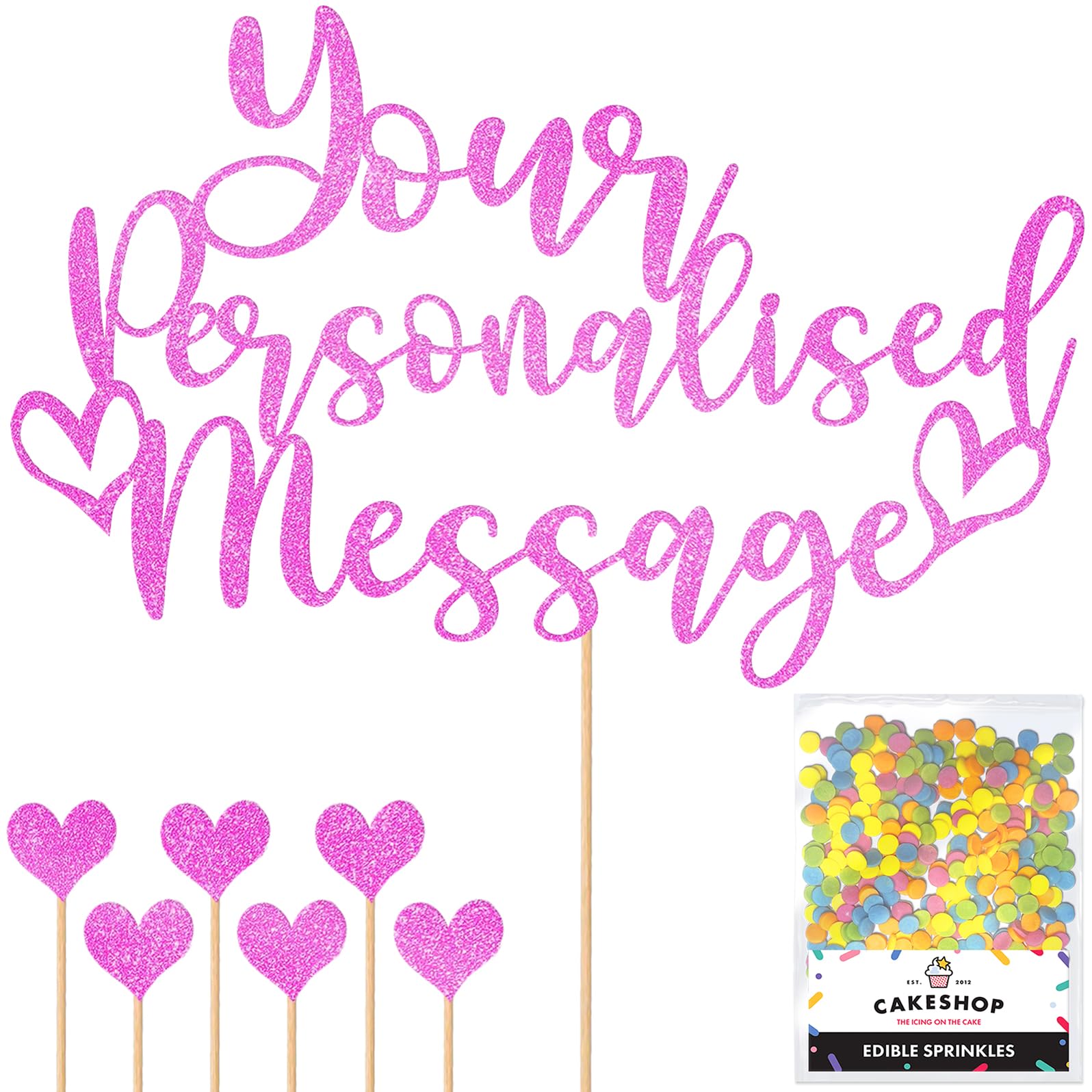 Any Text Personalised Glitter Cake Topper - Light Pink Name, Age, Words Glitter Cake Decoration and Sprinkles - Happy Birthday Decorations - Personalised Toppers for Cakes by Cakeshop