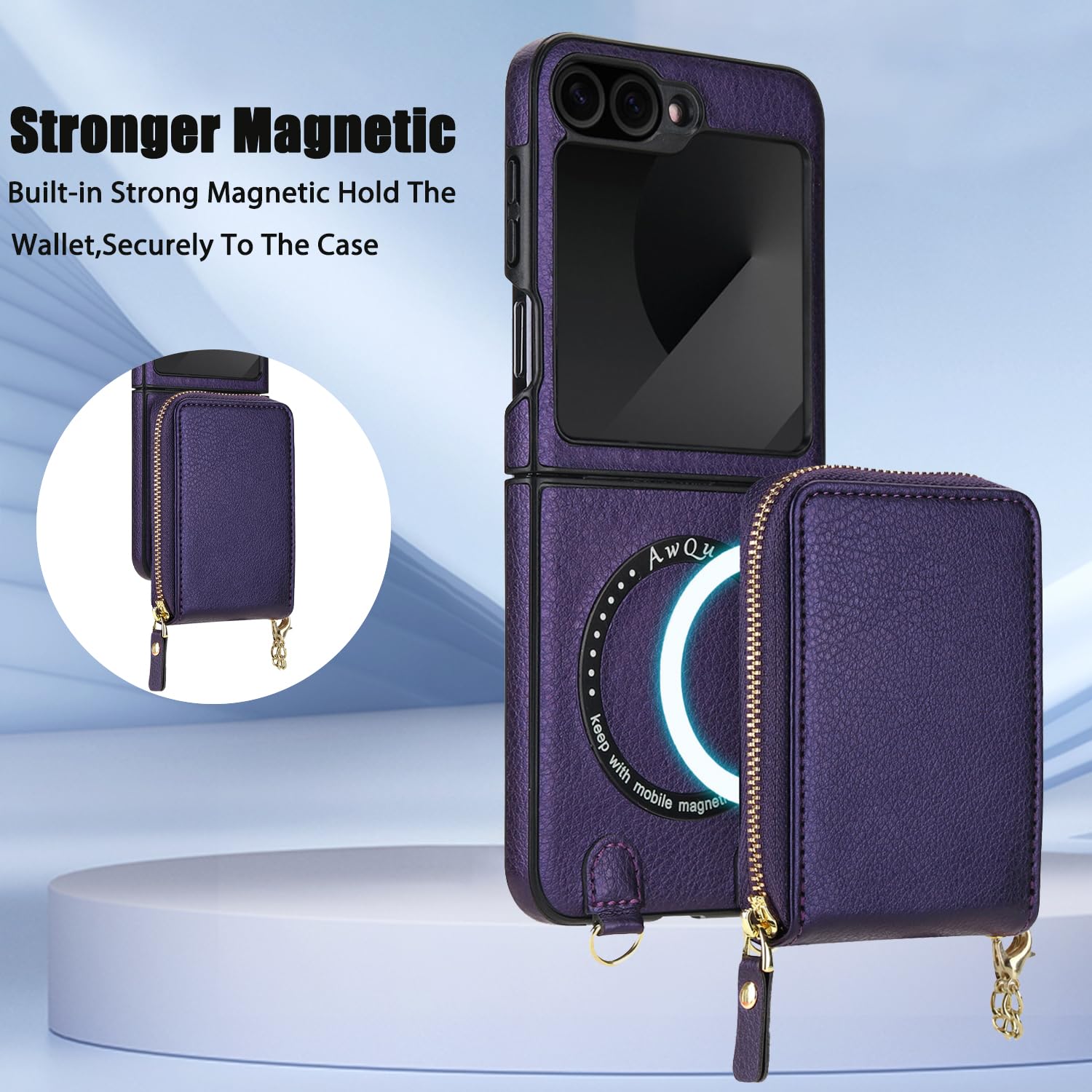 Asuwish Custodia per Samsung Galaxy Z Flip 6/Z Flip 7 FE 5G 2 in 1 Custodia magnetica a portafoglio con tracolla a tracolla blocco RFID porta carte di credito Z6 G Flip6 ZFlip Flip7 da donna viola