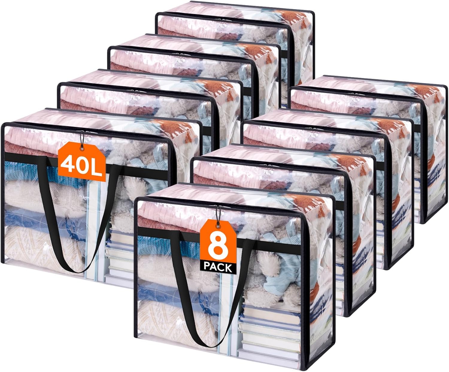 Lifewit 8 Pack Clear Clothes Storage Bags, 40L Plastic Blanket Storage Bag, Vinyl Foldable Moving Bags with Zipper, Closet Organizers and Storage Containers for Bedding, Duvet, Comforter