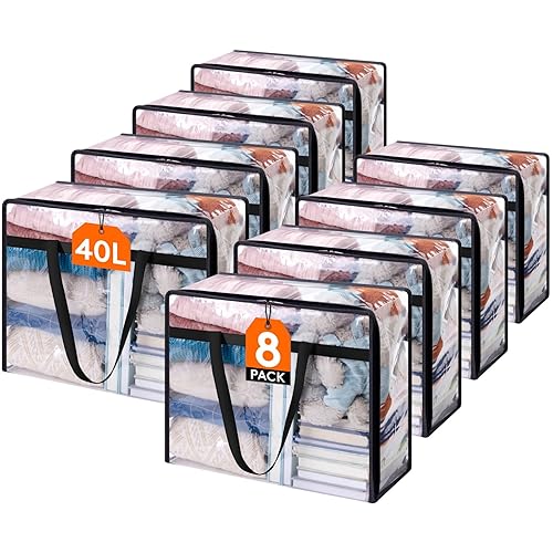 8 Pack Clear Clothes Storage Bags, 40L Plastic Blanket Storage