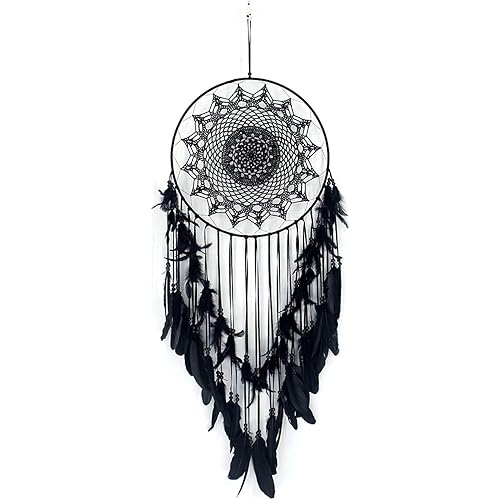 Tvoip Dream Catcher Handmade Feather Dreamcatchers for Wall Hanging,Dream Catchers for Bedroom Home Decoration Ornament Decor Ornament Craft Gift Dia 15.75inch/40cm (Black)